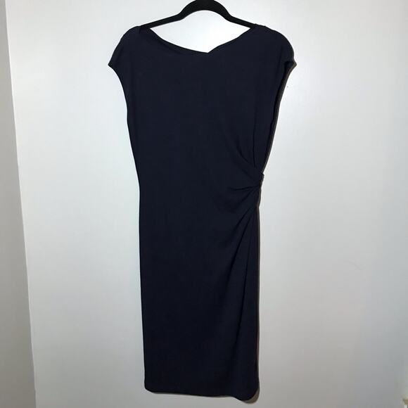 Lafayette 148 navy blue sheath dress with gathered side ruched sleeveless 4 midi - Picture 2 of 8
